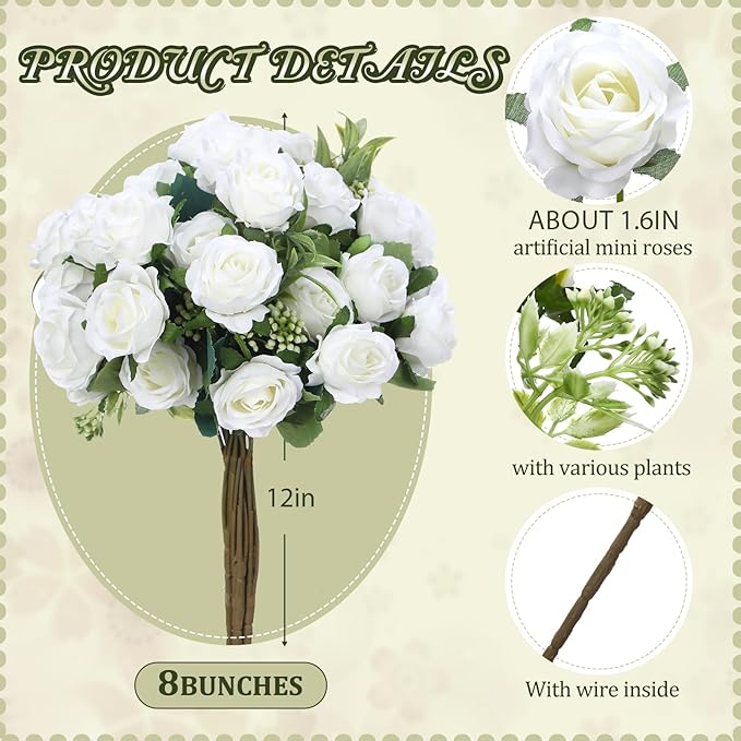 Zeyune 8 Pack 12 Inch Wedding Artificial Mini Rose Bouquet White Silk Flowers Bunches Bulk Fake for Wedding Bridal Christmas Home Office Garden Parties Decoration