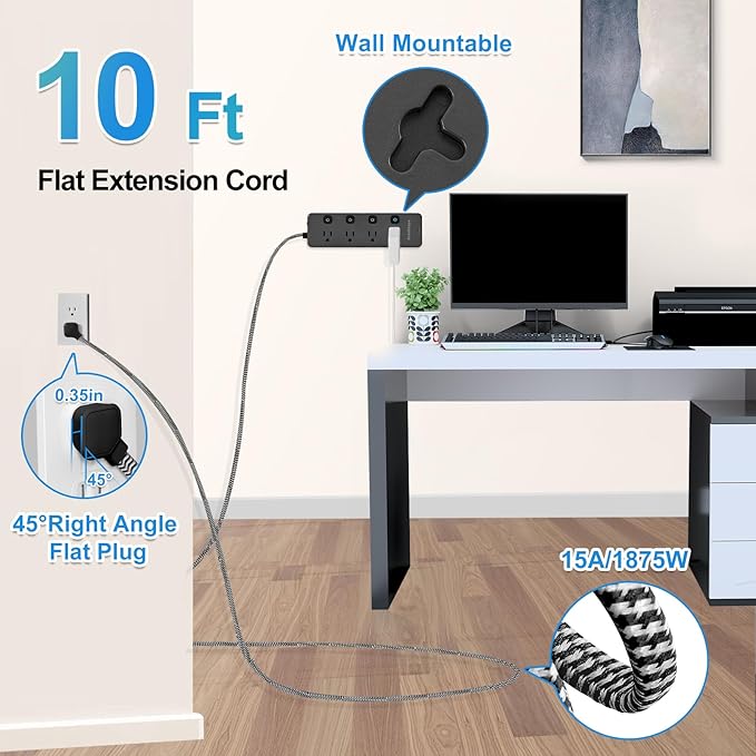 Surge Protector Power Strip 10 Ft - 8 Widely AC Outlet 4 USB Ports(2 USB C), Flat Plug Extension Cord with Multiple Outlets, Individual Switches, Desk Extender for Dorm, Home, Office Essentials, 1400J