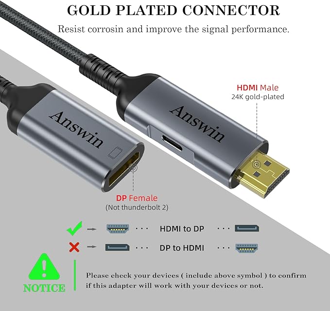 HDMI to DisplayPort Adapter, 4K@60Hz HDMI Source to DisplayPort Monitor Uni-Directional Compatible with PC Graphics Card Laptop Xbox One/360/NS/PS5/Mac Mini Supporting 2K@144Hz 1080P@165Hz