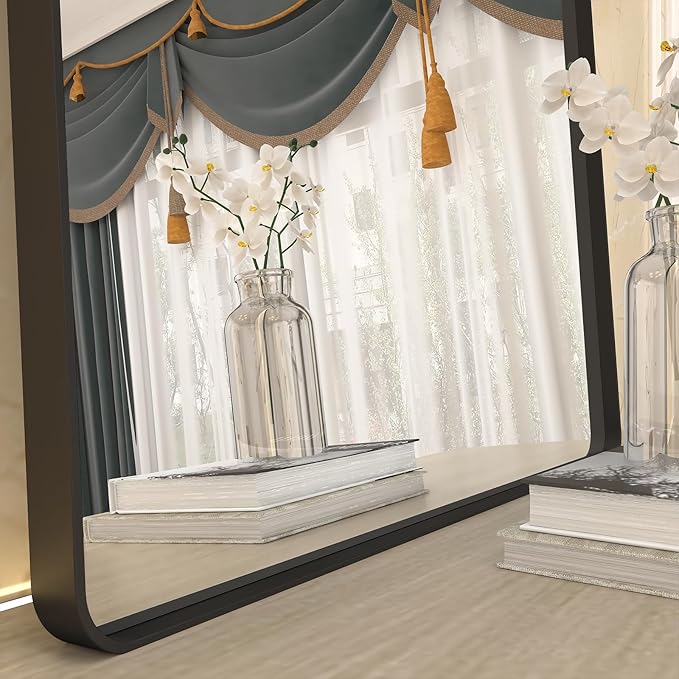 44x32 Inch Black Metal Framed Bathrrom Mirror for Wall, Black Rounded Rectangle Mirror, Matte Black Bathroom Vanity Mirror, Anti-Rust, Tempered Glass, Hangs Horizontally or Vertically