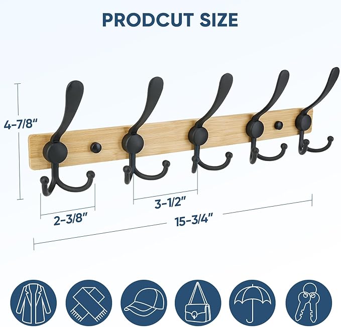 TICONN Wall Mounted Coat Rack, Five Heavy Duty Tri Hooks All Metal Construction for Jacket Coat Hat in Mudroom Entryway (Wood Black, 2-Pack)