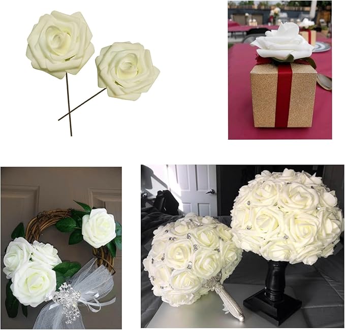 25 PCS Ivory Artificial Flowers Fake Roses with Stem, Fake Rose for Crafts Bouquets for DIY Wedding Decorations Centerpieces Arrangements Party Home Cofe Decor