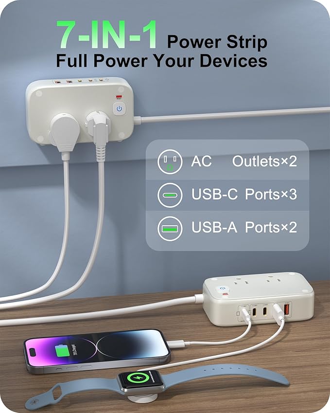 5FT Portable USB C Power Strip Surge Protector PD 20W Flat Wall Plug Charger Multipl Outlets with 2500W AC Outlets, 3 USB-C Ports, 2 USB-A Ports for Home/Office/Travel
