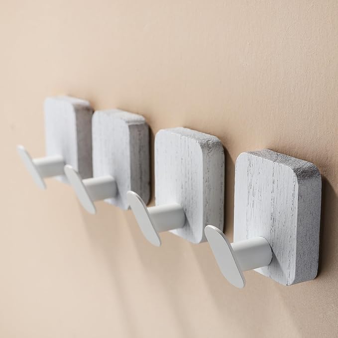 DELITON Wood Wall Hooks, Adhesive Towel Hooks for Hanging Wall Mounted, 4 Packs Coat Robes Hats Command Hook Heavy Duty No Damage, White
