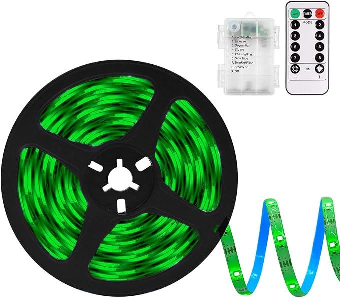 echosari Green LED Strip Lights Battery Powered, 90 LED 2835 SMD Strip Lights 9.8 Ft Cuttable Self-Adhesive Strip Lights with Remote Timer for Outdoor Indoor Party Bedroom Decoration