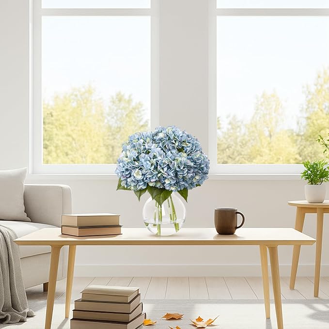 8 Pcs 18 Inch Hydrangea Artificial Flowers Faux Hydrangea Flowers with Stems Fake Bouquet Bulk Realistic Floral for Fall Home Table Christmas Indoor Outdoor Decoration(Blue)