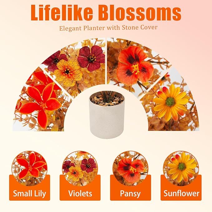 Fake Potted Plants 8pcs, Artificial Fall Flowers with Vase, Autumn Harvest Decoration for Home Indoor Outdoor, Table Plants Farmhouse Decor for Kitchen, Bedroom, Living Room, Bathroom