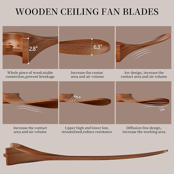 Obabala Ceiling Fans with Lights and Remote, 60inch Outdoor Ceiling Fan 3 Solid Wood Blades Fan with 3 Downrods for Patios, Modern Ceiling Fan with Noiseless Reversible DC Motor (Solid Wood, 60in)