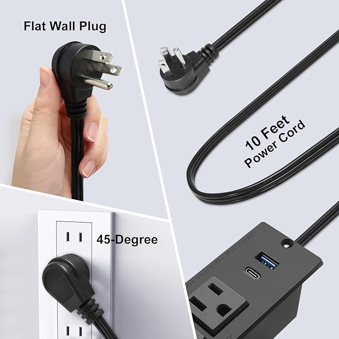 USB C Recessed Power Strip Fast Charge Desktop Power Station 2 Outlets 2 USB (PD20W & QC18W, Total 20W) Mountable Flat Plug 10'ft Extension Cord Mount for Tabletop Sofa Cabinet Nightstand