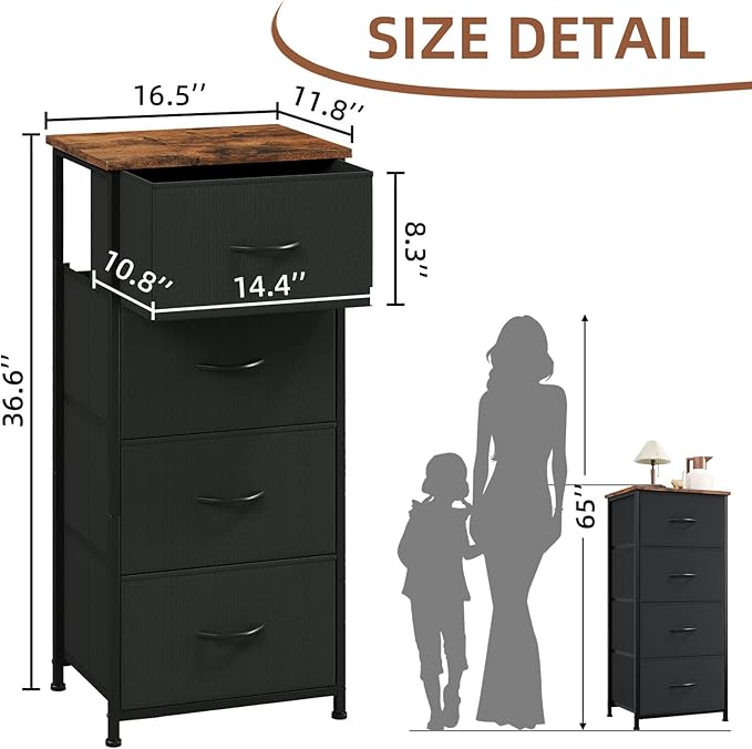 Somdot Dresser for Bedroom with 4 Drawers, Storage Organizer Chest of Drawers with Removable Fabric Bins for Closet Bedside Living Room Laundry Entryway Hallway, Black Rustic Brown