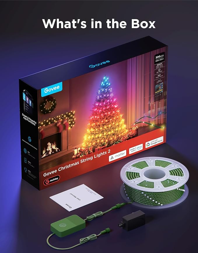 Govee Christmas Lights 2, RGBWIC 99FT 300LEDs Holiday String Lights with Shape Mapping Function, Smart LED Decoration for Indoor Outdoor Tree, 130+ Preset Scenes, Voice and APP Control, Green Wire