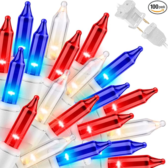LAMPHOME Patriotic String Lights - Red White Blue Mini Lights with White Wire - 19.6Ft 100 Count UL Certified String Lights for Independence Day Patriotic Holidays Decoration (Red White & Blue)