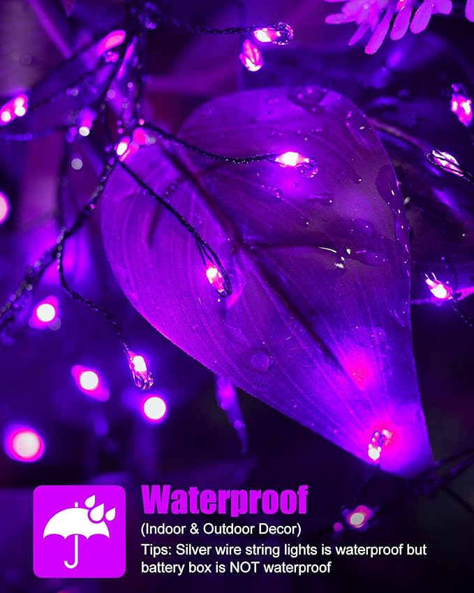 Halloween Fairy Lights Battery Operated, 10 Feet 120LEDs Firecracker String Lights Waterproof Silver Wire Starry Firefly Light for Bedroom Home Haunted House Indoor Outdoor Holiday Decorations, Purple