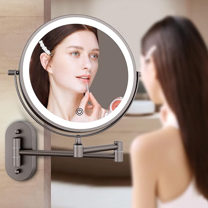 FASCINATE Rechargeable Wall Mounted Lighted Vanity Mirror 8 Inch 1X/10X Magnifying Makeup Mirror with 3 Color Lights, Double Sided Dimmable, 360 Degree Screen Touch,Bathroom Shaving Mirror (GunBlack)