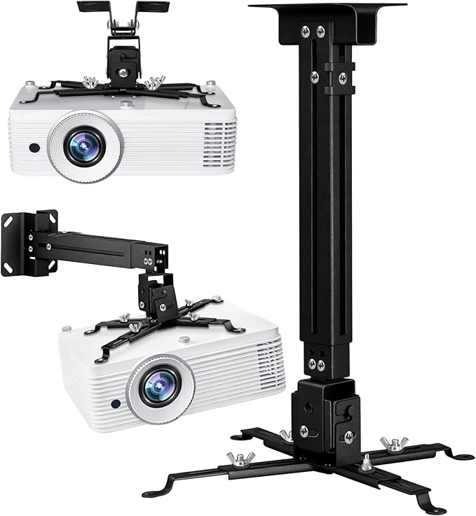2-Be-Best Projector Ceiling Mount Wide Pipe Universal 3-in-1 Projector Wall Mount Bracket with Adjustable Arm, Flush Mount Option, Built-in Cable Management for Office Home Black