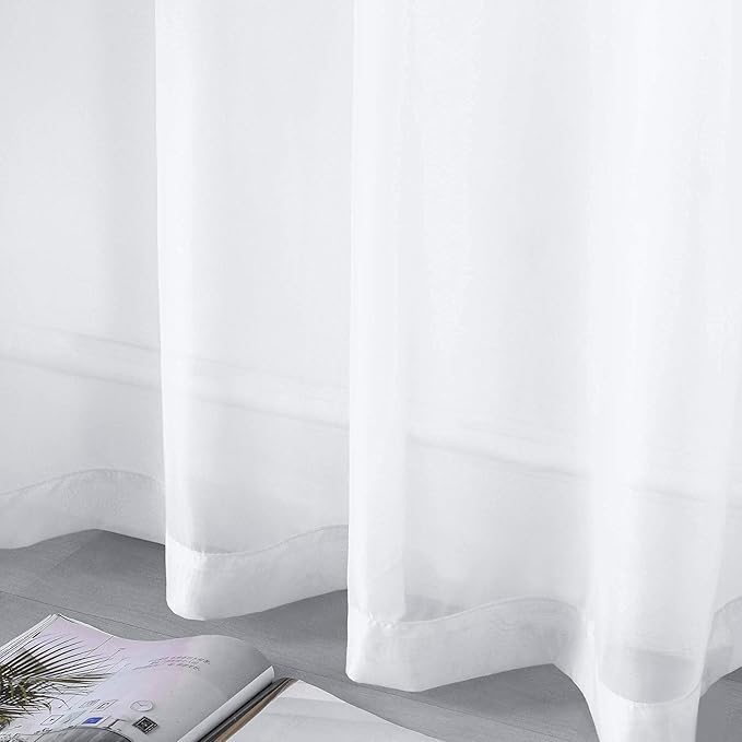 DUALIFE White Sheer Curtains 96 Inches Long Set 2 Panels Grommet Semi Transparent Drape Tulle Gauze Voile Window Sheer Curtains for Bedroom Living Room Dining Wide 52 Length Solid Color