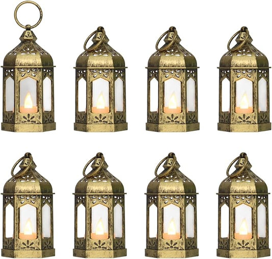 8Pcs 5-inch Mini Lanterns Centerpieces for Table, Baby Shower Decorations, Vintage Small Lantern for Halloween Decorations, Party Lights for Enchanted Forest Decorations, Wedding Decor, Brushed Brass