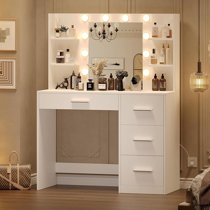 Irontar Vanity Desk, Makeup Vanity with 10 LED Lights & 4 Drawers, Brightness Adjustable, Dressing Table with 6 Open Storage, Makeup Table for Women, White WDT003W