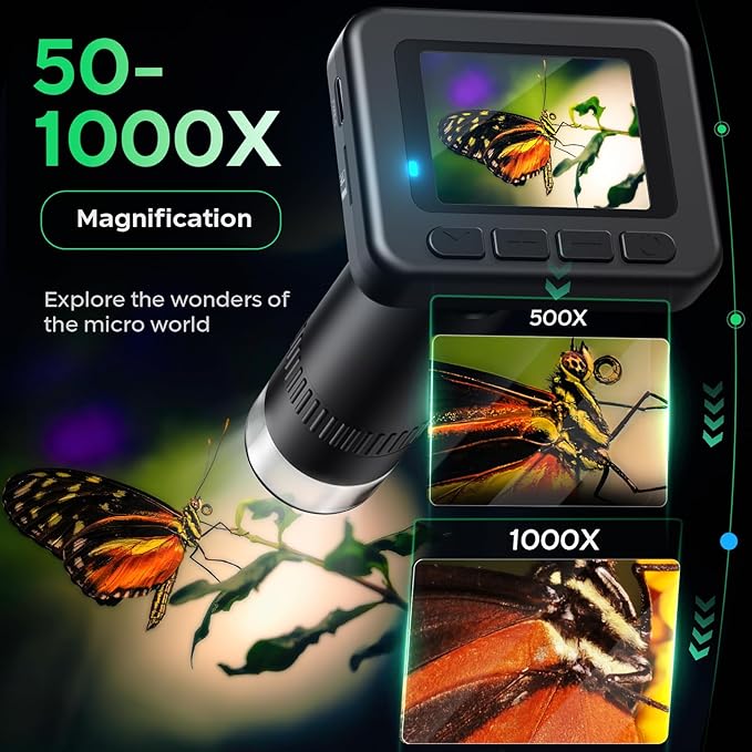 Handheld Digital Microscope D-KS2 with 2" IPS Screen - Take Pictures & Videos - Download to PC & Mac - 1000X Pocket Microscope for Kids/Adults with 32G SD Card - Use Indoors&Outdoors