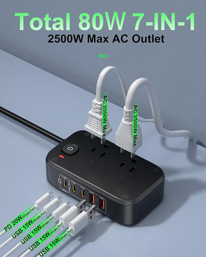 Portable Travel Power Strip 7-in-1 with PD20W Fast Charging 5 USB Ports 2500W AC Outlets 5FT Flat Plug Extension Cord for Home Office Travel