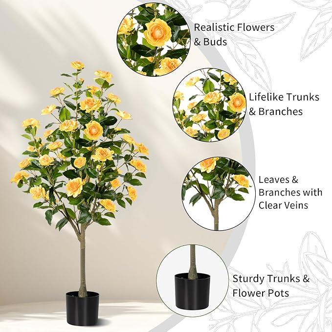 Artificial Camellia Tree 2 Pack, Artificial Plants Outdoor Faux Floral Plant in Cement Pot Fake Silk Camellia Tree Plants for Home House Living Room Office Decor