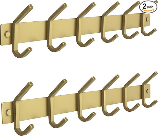 Brushed Gold Wall Mounted Coat Rack – 17 Inch Stainless Steel Rail with 6 Double Coat Hooks for Entryway, Bathroom, Bedroom, Kitchen – Modern Gold Hook Rack for Coats, Hats, Towels - 2 Pack