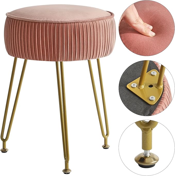 IBUYKE Velvet Round Footrest Ottoman, Makeup Vanity Stool Side Table, Velvet Dressing Table Seat, Pouf Couch Stool, Golden Steel Legs, Pink LG-30P