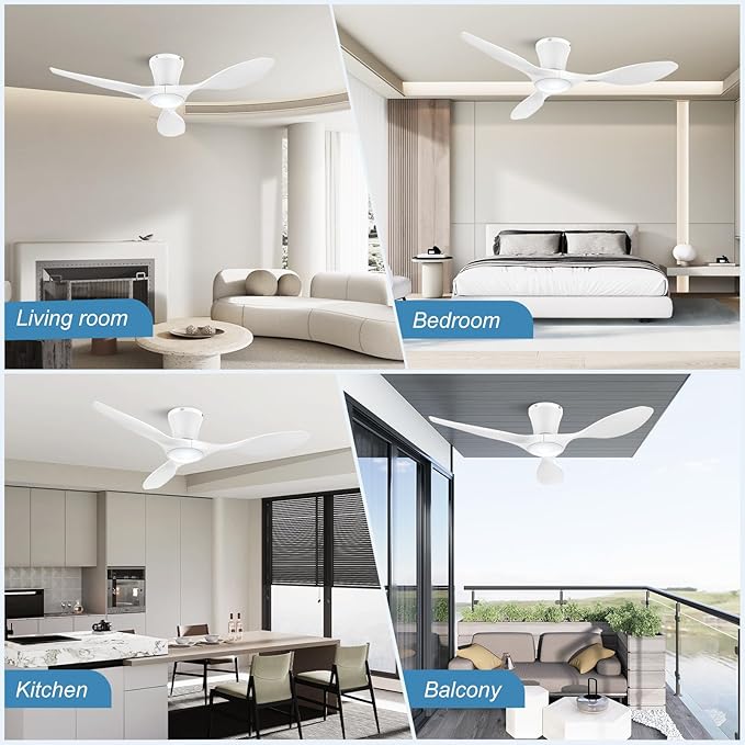 ocioc 42 inch Ceiling Fans with Lights and Remote, Dimmable Ceiling Fans with Reversible Quiet DC Motor, Flush Mount, 3CCT, White Ceiling Fan for Bedroom Living Room Indoor/Outdoor
