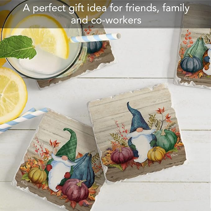 Thirstystone Autumn Gnomes 4 Pack Assorted Tumbled Tile Stone Coasters with Protective Cork Backing 4" Square Manufactured in The USA