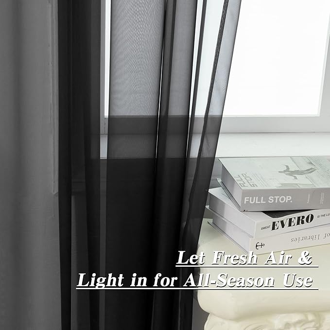 HUTO Black Sheer Curtains 45 Inch Length for Small Window Rod Pocket Sheer Drapes Panels for Kitchen Bathroom,2 Panels 52 by 45 Inches Long