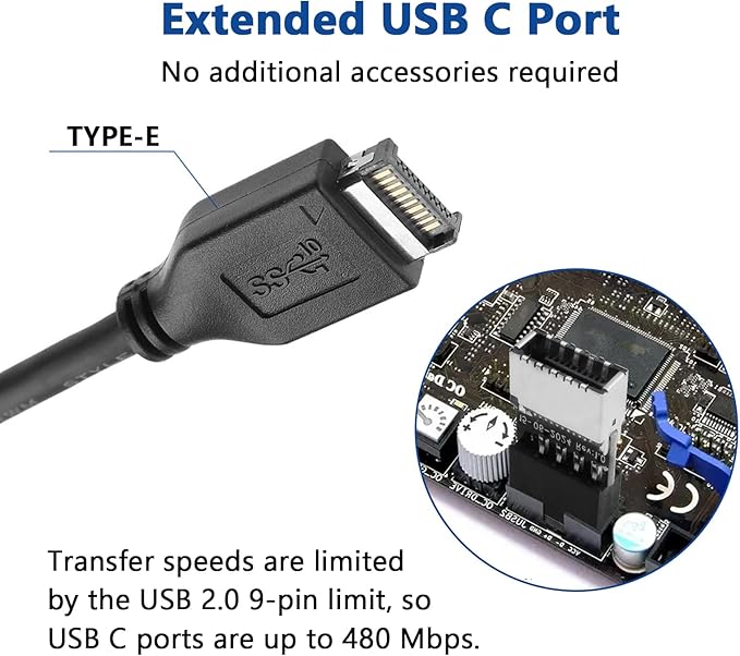 USB 2.0 to USB 3.2 Gen 1 Header Adapter, Mainboard 9 Pin Male to USB 3.1 Type-E (A-Key) Female Converter for Extending USB C Ports on Front Panel of PC (2 Pack)