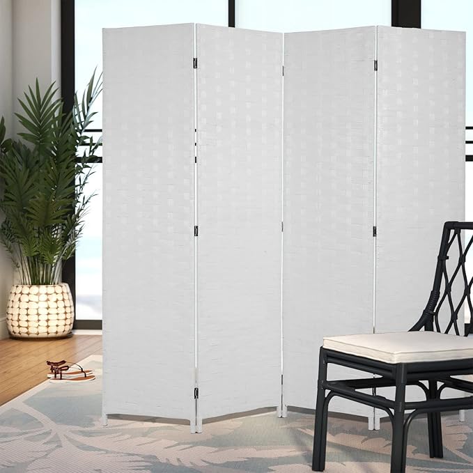Room Divider Wood Screen Wood Mesh Woven Design Room Divider Folding Portable Partition Screen for Home Office (4 Panel, White)