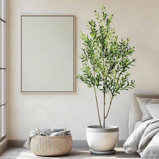 6.56ft Artificial Olive Tree, Faux Olive Tree with Lifelike Fruits, 78.74in Fake Olive Tree with Sturdy Plastic Pot, Artificial Plants for Office Home Living Room Indoor Outdoor Decor