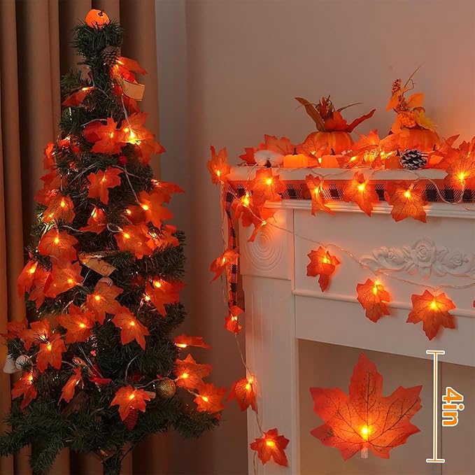 YEGUO 6 PCS Thanksgiving Decorations for Home, Fall Lights Battery Operated, Total 60ft 120 LED Lighted Fall Garland Maple Leaves for Halloween Holiday Autumn Harvest Fall Thanksgiving Decor