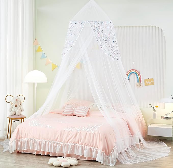 Unicorn Bed Canopy with Lights, Tent for Girls Room Decor, Twin to King Size Beds