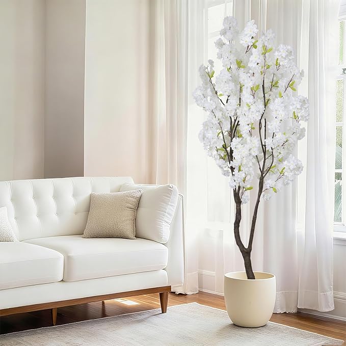 Faux White Cherry Blossom Tree 6.5ft(84in)Tall Artificial Plant Indoor Decor Handmade Natural Fake White Flower Tree for Wedding Realistic Cherry Plant in Pot for Home Living Room,Office Decor.
