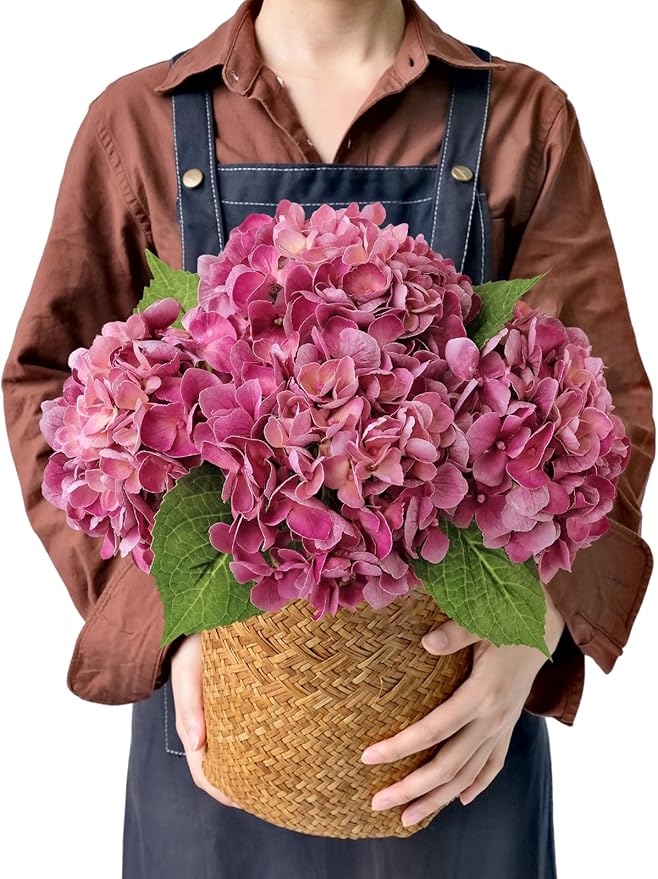 Magenta Pink Hydrangea Artificial Flowers, 4Pcs 21” Latex Real Touch Flowers, Full Faux Silk Flowers Fake Artificial Hydrangeas with Stems for Bouquet Table Centerpieces Wedding Baby Showers