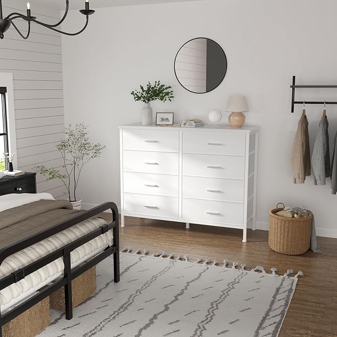 BOLUO White Dresser for Bedroom 8 Drawer,Wide Dresser TV Stand for 50" TV Dressers & Chests of Drawers Fabric Dresser for Closet Modern