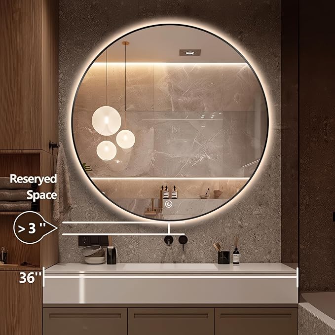 32" LED Backlit Bathroom Vanity Mirror, Wall Mounted Round Makeup Shaving Mirror with 45° Beveled Metal Frame Design, HD Waterproof&Explosion-Proof Smart Mirror, Memory Function, Black