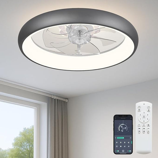 20'' Ceiling Fan with Light, Upgraded Low Profile Fan, Flush Mount Ceiling Fan, 6 Speeds, Dimmable LED, App & Remote Control, Quiet DC Motor, for Bedroom, Living Room, F109 Grey