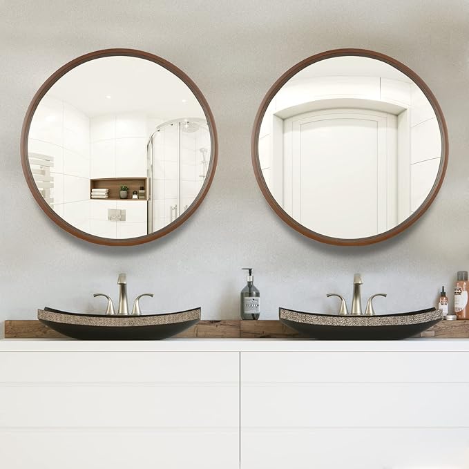 WallBeyond Circle Mirror with Wood Frame, 28" Round Modern Decoration Large Home Decor Mirror for Bathroom Living Room Bedroom Entryway (28" Diameter, Walnut)