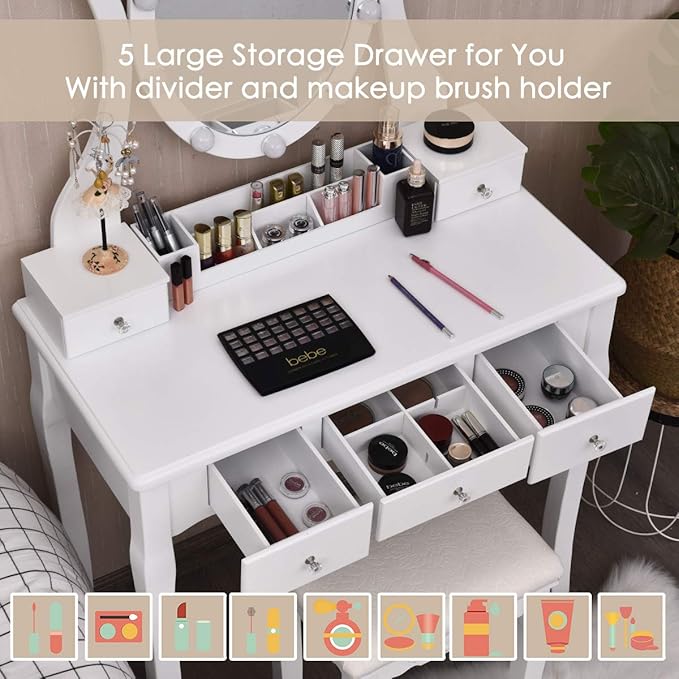 CHARMAID Makeup Vanity Table with Lighted Mirror, Vanity Desk with 10 LED Lights, Adjustable Brightness, 5 Drawers and Removable Storage Organizer, Bedroom Dressing Table with Stool (White)