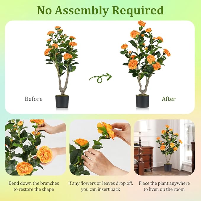 GOFLAME 3FT Artificial Camellia Tree, Faux Camellia Plant with Orange Flowers, Solid Wood Trunk, Realistic Moss, Greenery Potted Decoration Tree for Indoor Outdoor Home Porch Front Door