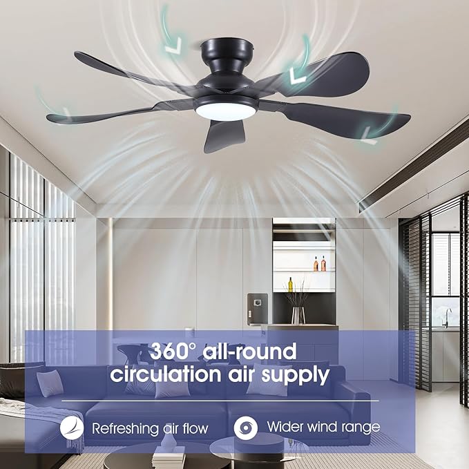 52 Inch Modern Ceiling Fans with Lights, Flush Mount Ceiling Fan with Light and Remote/APP Control, 5 Reversible 6 Speeds Curved Blades, 3 CCT Dimmable Lights for Bedroom, Black