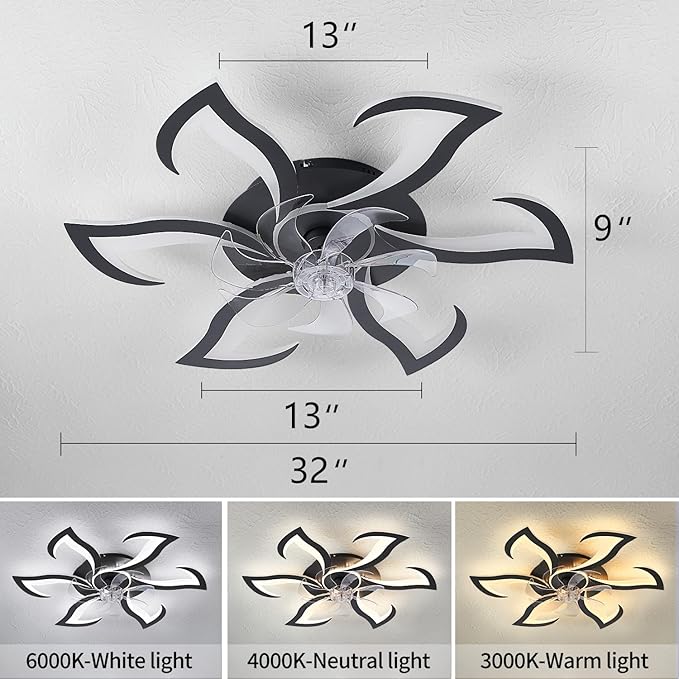 32" Black Modern Ceiling Fan with Lights Remote Control, 6 Speeds 3 Light Color Low Profile Flush Mount Ceiling Fan with Light for Kitchen Bedroom