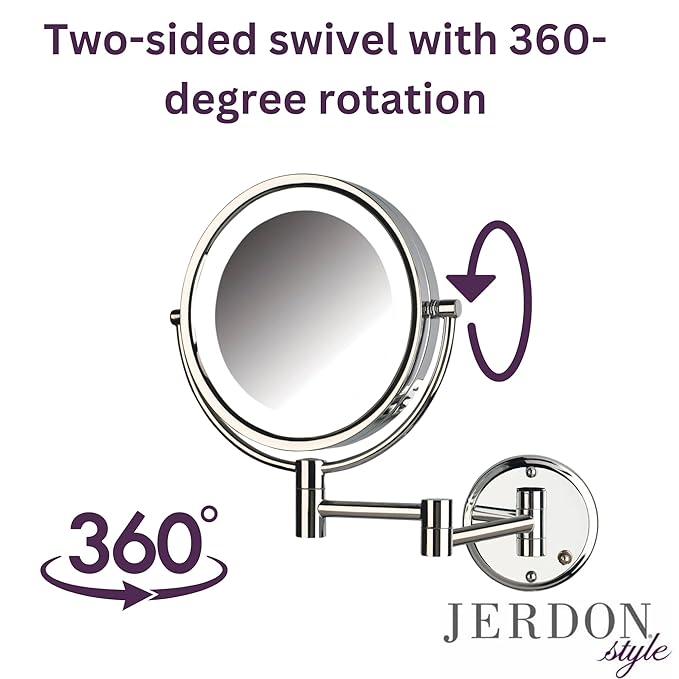 JERDON Wall-Mounted Makeup Mirror with Lights - Chrome Lighted Makeup Mirror with 8X Magnification - Model HL88CL