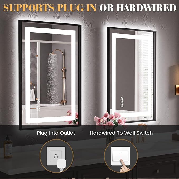 LED Bathroom Mirror,24"x36" Mirror with Black Frame, Front Light and Backlit, Stepless Dimmable, Anti-Fog, Shatter-Proof, Memory, 3 Colors, Double LED Vanity Mirror