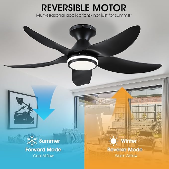 46 inch Ceiling Fans with Lights and Remote/APP Control, Modern Flush Mount Ceiling Fans with 5 Reversible Blades 6 Speeds, 3 Colors Dimmable+Ring Lights for Bedroom Dining Room, Black