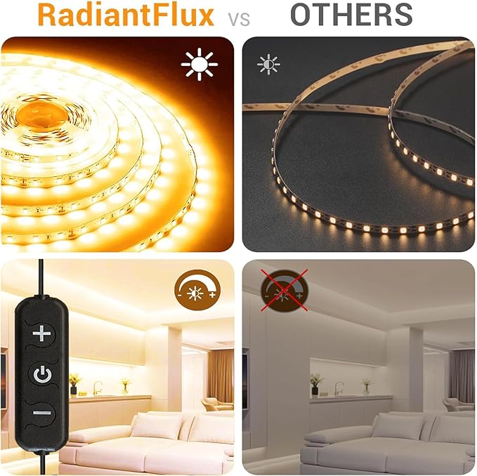 RadiantFlux Warm White Led Strip Lights for Bedroom, 16.4ft 300Leds, Dimmable,Flexible, Super Bright LED Tape Lights for Living Room, Kitchen, Vanity Mirro （Indoor Use）