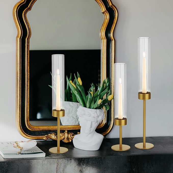 Glass Hurricane Candle Holders Set (18pcs)-Gold Metal Base Taper Candle Stick Holders for Candlesticks Holder Decor, Elegant Dining Table Centerpiece for Wedding, Christmas & Home Decor-Ribbed Glass